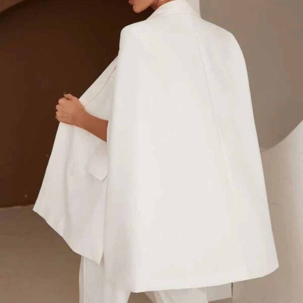 White Modern Cape Cloak Sleeved Double Breasted Blazer work chic classy - Picture 6 of 6